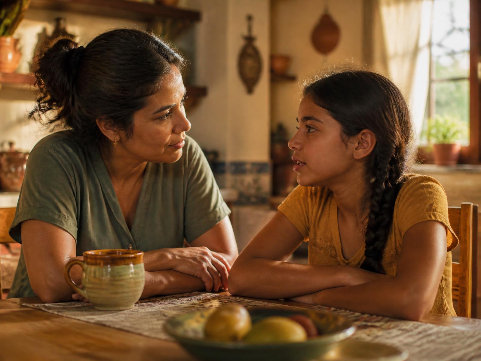 Madre e hija conversando en la cocina a la luz de la tarde